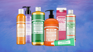 A collage of Dr. Bronner's natural products on a purple and blue background.  A collage of Dr. Bronner's natural products on a purple and blue background.