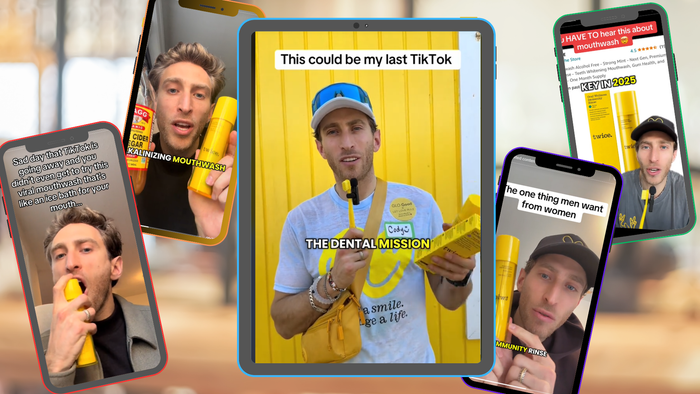 A collage of cell phones and tables show still shots of TikTok videos made by Cody Levine, cofounder of SmileTwice. A collage of cell phones and tables show still shots of TikTok videos made by Cody Levine, cofounder of SmileTwice.