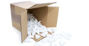 Cardboard box with styrofoam peanuts