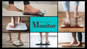 A collage of photos of women stepping onto or standing on various models of floor scales.  A collage of photos of women stepping onto or standing on various models of floor scales.