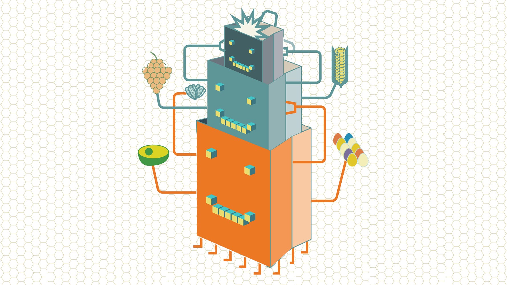 In this illustration, different sizes of the little robotic shopping bags are nested inside each other. Each bag has arms holding different products such as eggs, avocado, grapes and corn. The bags are also connected to each other through wires and plugs.  In this illustration, different sizes of the little robotic shopping bags are nested inside each other. Each bag has arms holding different products such as eggs, avocado, grapes and corn. The bags are also connected to each other through wires and plugs.