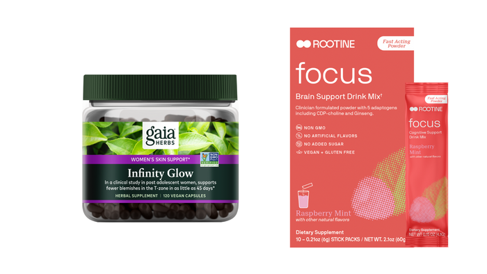 Left, Gaia Herbs Infinity Glow vegan capsules help clear skin in adult women. Rootine: Focus Brain Support Drink Mix provides adaptogens to address issues such as brain fog, focus, mental energy, productivity and mood.