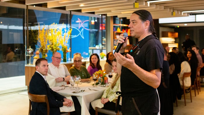 Chef Sean Sherman speaks to diners during his James Beard residency in 2023. 