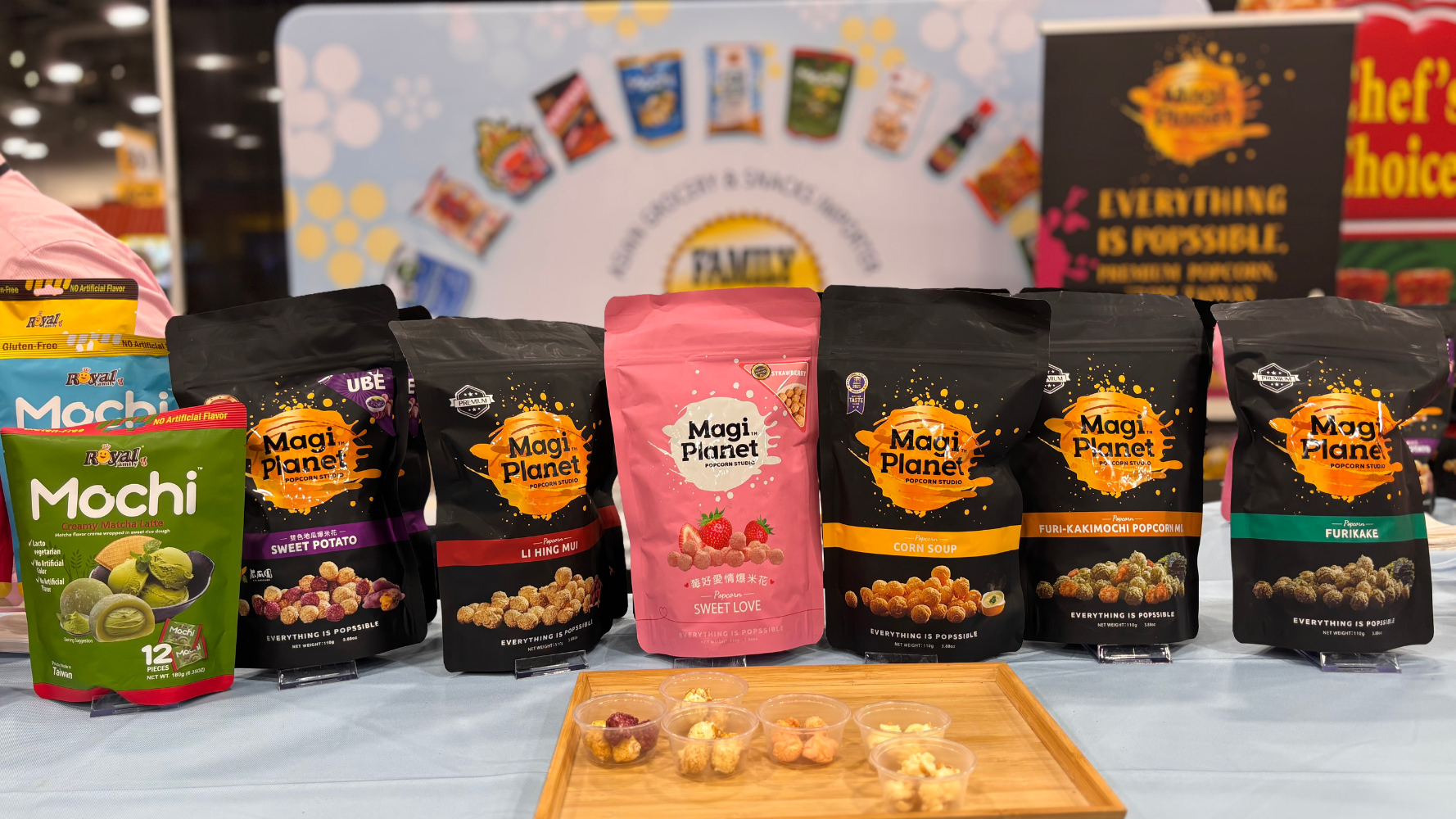 Magi Planet popcorn is available in a variety of sweet and savory flavors: Corn Soup, Furikake, Kimchi, Takoyaki, Sweet Potato, Li Hing Mui, Toasted Marshmallow and Sizzling Curry, Magi Planet popcorn is available in a variety of sweet and savory flavors: Corn Soup, Furikake, Kimchi, Takoyaki, Sweet Potato, Li Hing Mui, Toasted Marshmallow and Sizzling Curry,