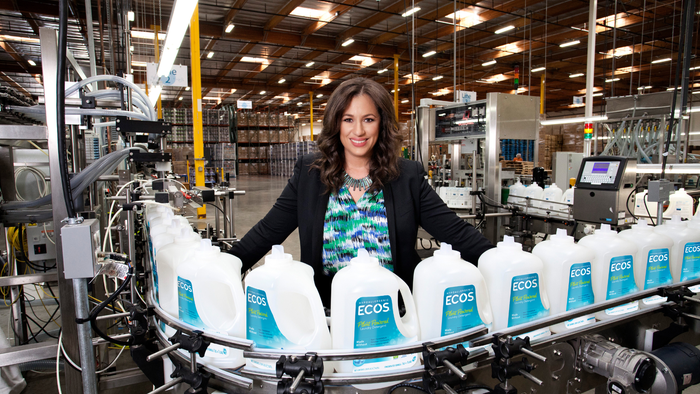 Kelly Vlahakis-Hanks, ECOS president and CEO, in the brand's manufacturing facility in Cypress, California. Credit: ECOS