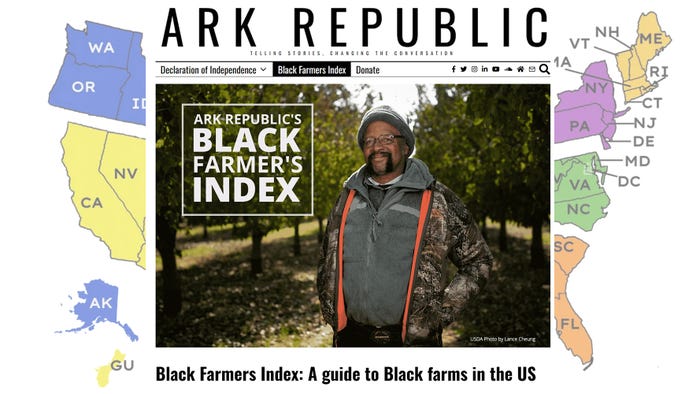 This screenshot shows a Black farmer standing in front of an orchard with a faded photo of a U.S. map behind the photo.  This screenshot shows a Black farmer standing in front of an orchard with a faded photo of a U.S. map behind the photo.