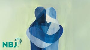 A modernist painting of two people, depicted in various shade of blue, embracing. A modernist painting of two people, depicted in various shade of blue, embracing.
