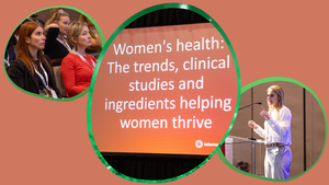 The center photo features the title of the education session "Women's health: The trends, clinical studies and ingredients helping women thrive." The center photo features the title of the education session "Women's health: The trends, clinical studies and ingredients helping women thrive."
