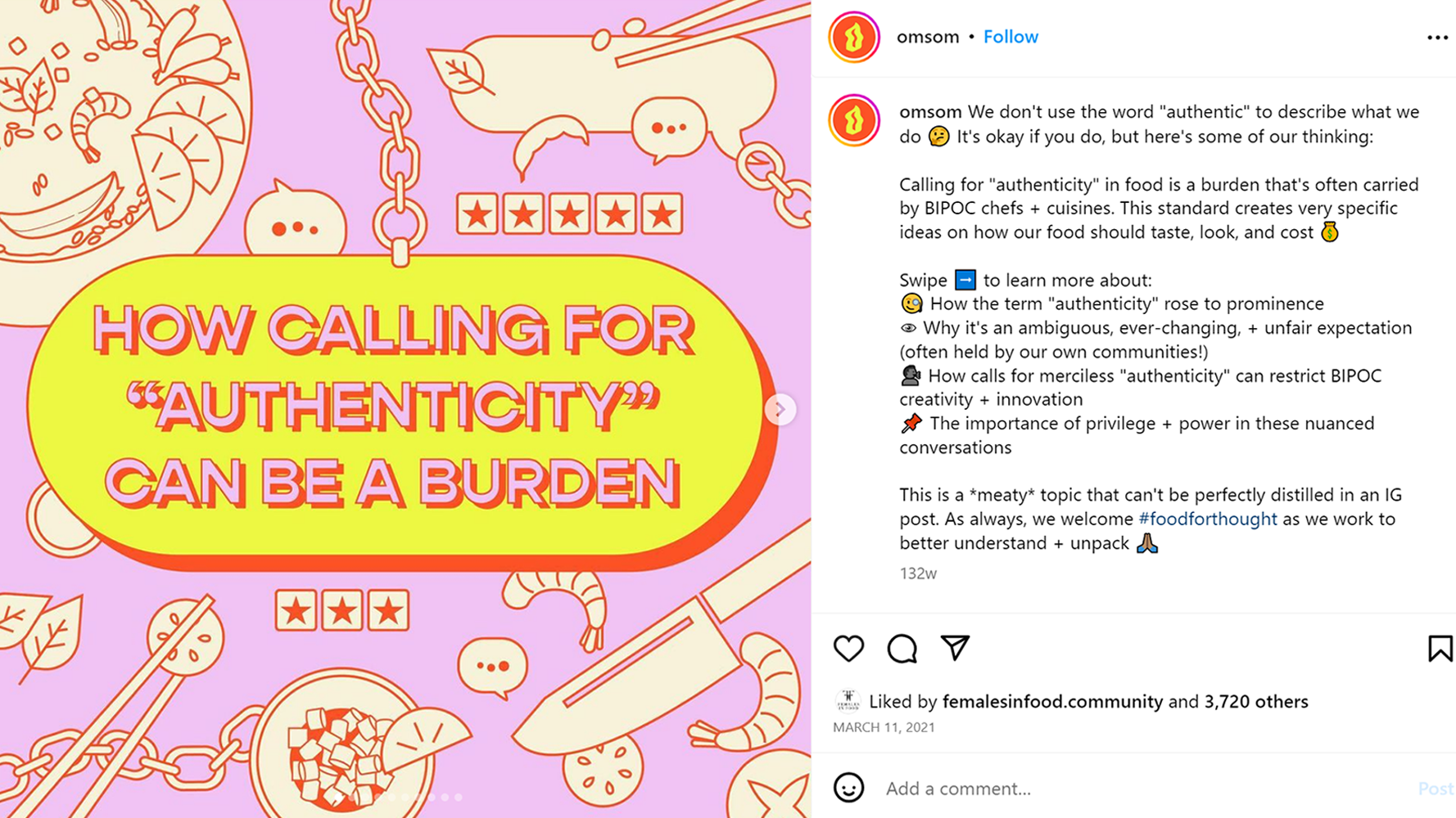 Omsom Instagram post regarding the use of authenticity, from March 11, 2021