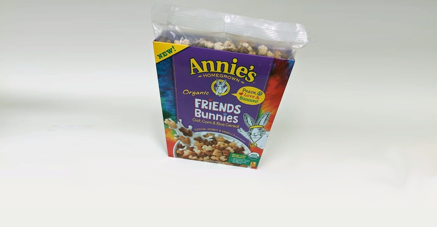 Annie's cereal box with recycled plastic