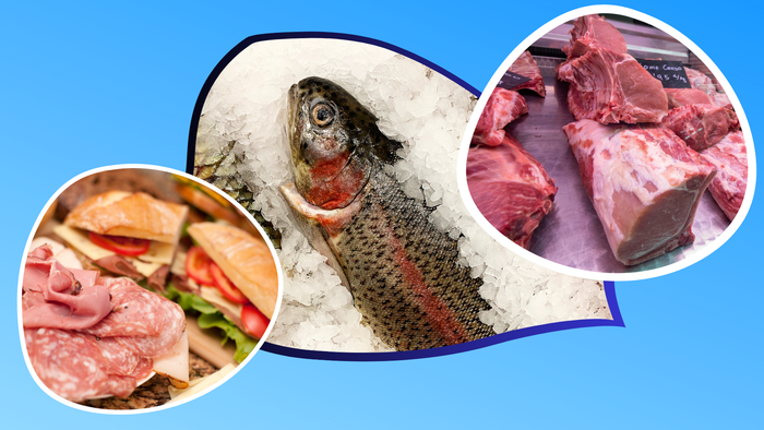 Photos of deli sandwiches, fish and cuts of beef on a blue background. Credit: Canva
