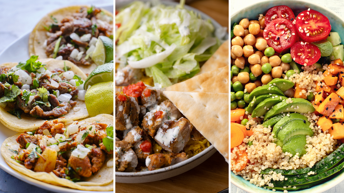 A triptych shows birria tacos, a halal chicken meal and a vegan salad with chickpeas, peas, avocado and more.  A triptych shows birria tacos, a halal chicken meal and a vegan salad with chickpeas, peas, avocado and more.
