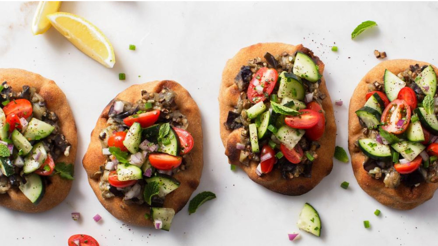 Atoria Mediterranean mushroom eggplant flatbreads with cucumber salad