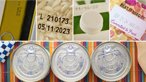 A collage of "best by" dates on tins, cans, cartons and boxes of foods and beverages. A collage of "best by" dates on tins, cans, cartons and boxes of foods and beverages.