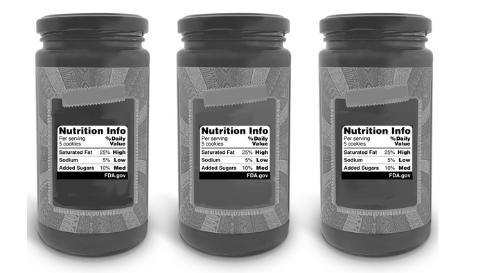 A black-and-white photo of three food jars shows a sample front-of-package label suggested by the FDA. A black-and-white photo of three food jars shows a sample front-of-package label suggested by the FDA.