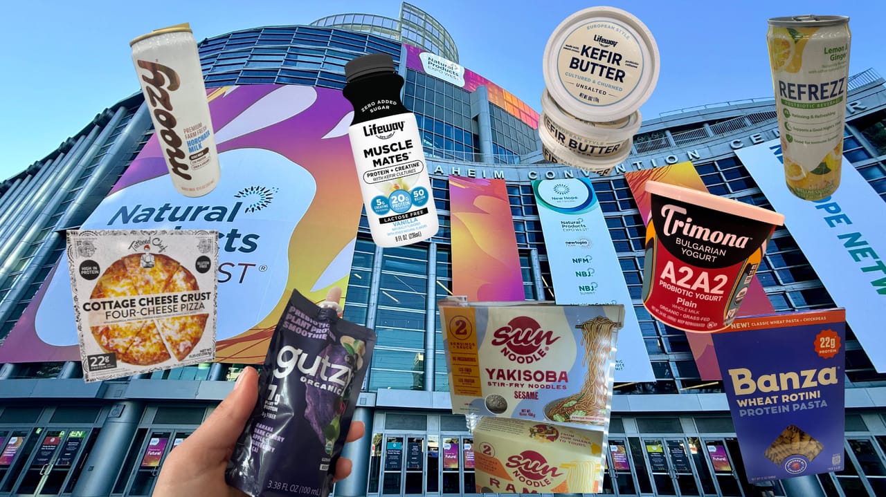 The entrance to Expo West with products from the show floor like protein ramen, A2 dairy and gut-health matcha