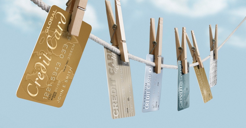 Credit cards on a clothesline