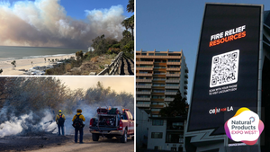 Upper left: Smoke blows over Malibu Beach. Right: A QR code on a sign links to county resources. Bottom left: Firefighters spray water on a hot spot. Upper left: Smoke blows over Malibu Beach. Right: A QR code on a sign links to county resources. Bottom left: Firefighters spray water on a hot spot.