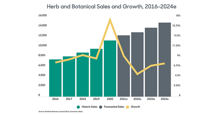 NBJ herb and botanical sales growth 2016-2024e
