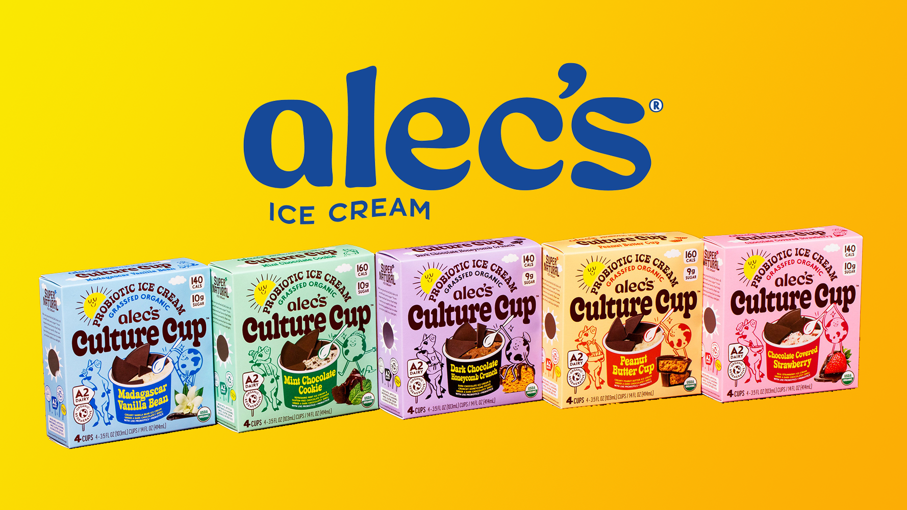 Alec&#x27;s Ice Cream Culture Cups on a yellow background.
