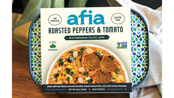 Afia Mediterranean bowls are available in four flavors. The Roasted Peppers and Tomato bowl won the 2023 Expo East NEXTY Award for Best New Frozen Product. Credit: Afia Foods