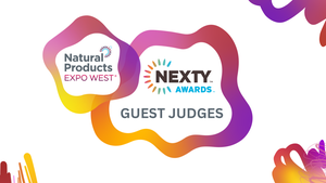 The NEXTY Awards logo and the words "guest judges" sit inside a ribbon of the Expo West brand's colors.  The NEXTY Awards logo and the words "guest judges" sit inside a ribbon of the Expo West brand's colors.