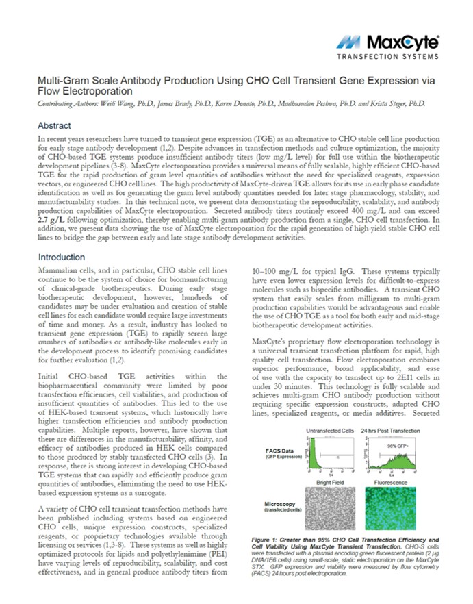 Multi-Gram Scale Antibody Production Using CHO Cell Transient Gene Expression (TGE) via Flow Electroporation™ Technology
