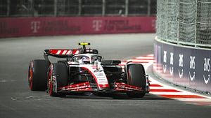 Haas F1 Team driver Nico Hulkenberg practicing at the Las Vegas Grand Prix.