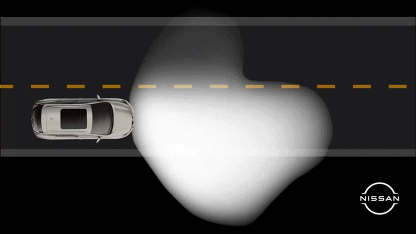The shaded notch in Nissan's LED headlight pattern avoids dazzling oncoming drivers.