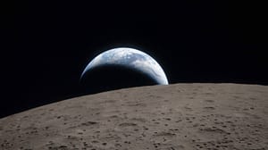  A muted blue Earth with bright white clouds sets behind the cratered lunar surface. The dark portion of Earth is experiencing nighttime.