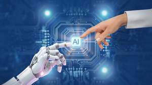photo illustration of artificial intelligence concept with robotic hand and human hand both pointing to "AI" on a computer chip background