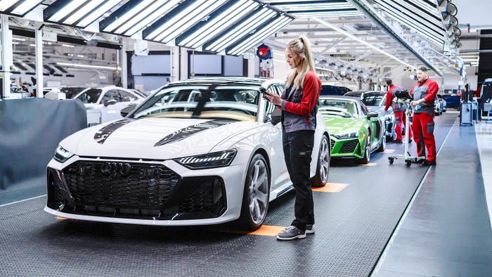 A completed 2025 Audi RS 6 Avant GT in the final inspection area of the Böllinger Höfe plant.