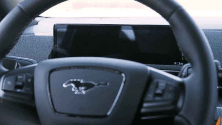 The Ford Mustang Mach-E's splashy start-up screen.