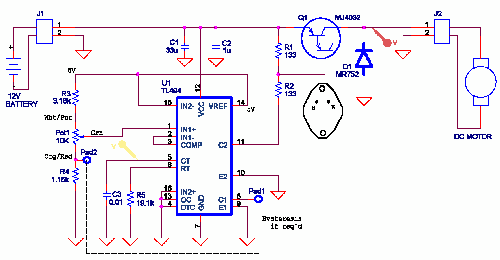  A TL494 chip combined with a power Darlington transistor can deliver 16A of current to a load such as a DC motor.
