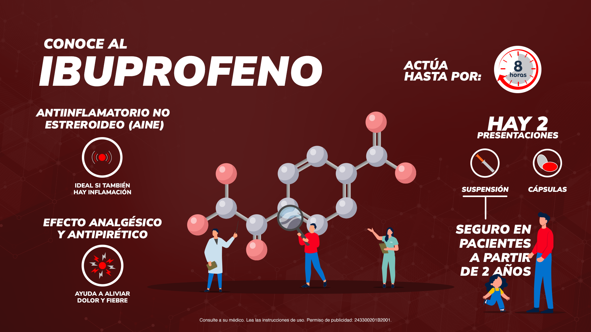 Conoce al Ibuprofeno: antiinflamatorio no esteroideo (AINE) con efecto analgésico y antipirético, actúa hasta por 8 horas, disponible en suspensión y cápsulas, seguro en pacientes a partir de 2 años.