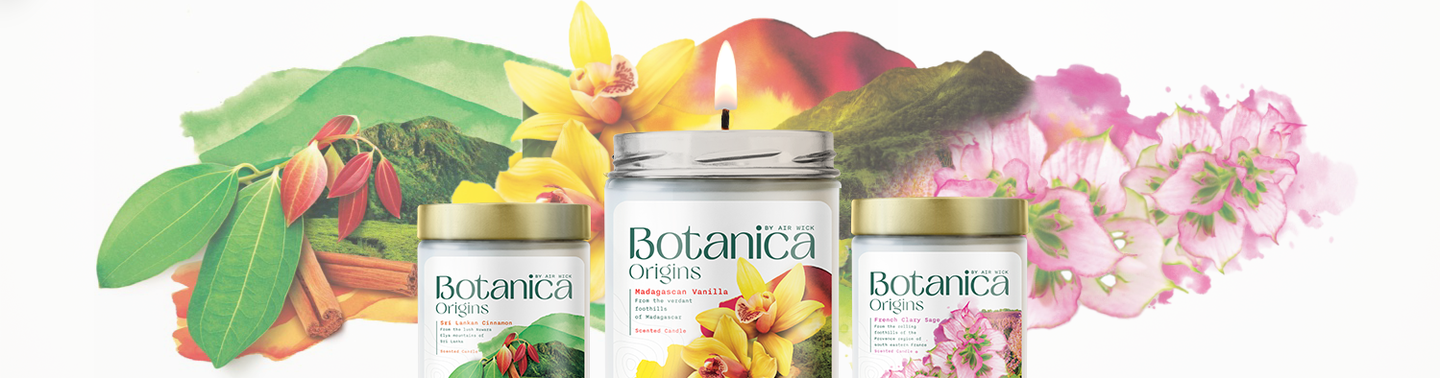 Home page banner consisting of a floral meadow backdrop, the Botanica logo and a range of Botanica products in the middle.