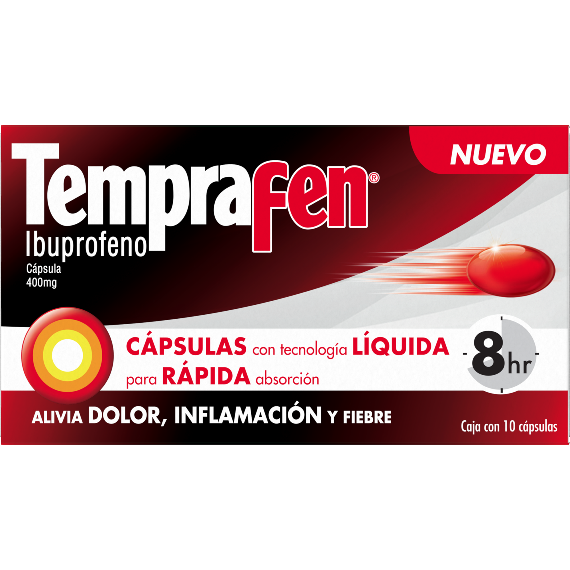 Medicamento Tempra Fen con 20 capsulas.