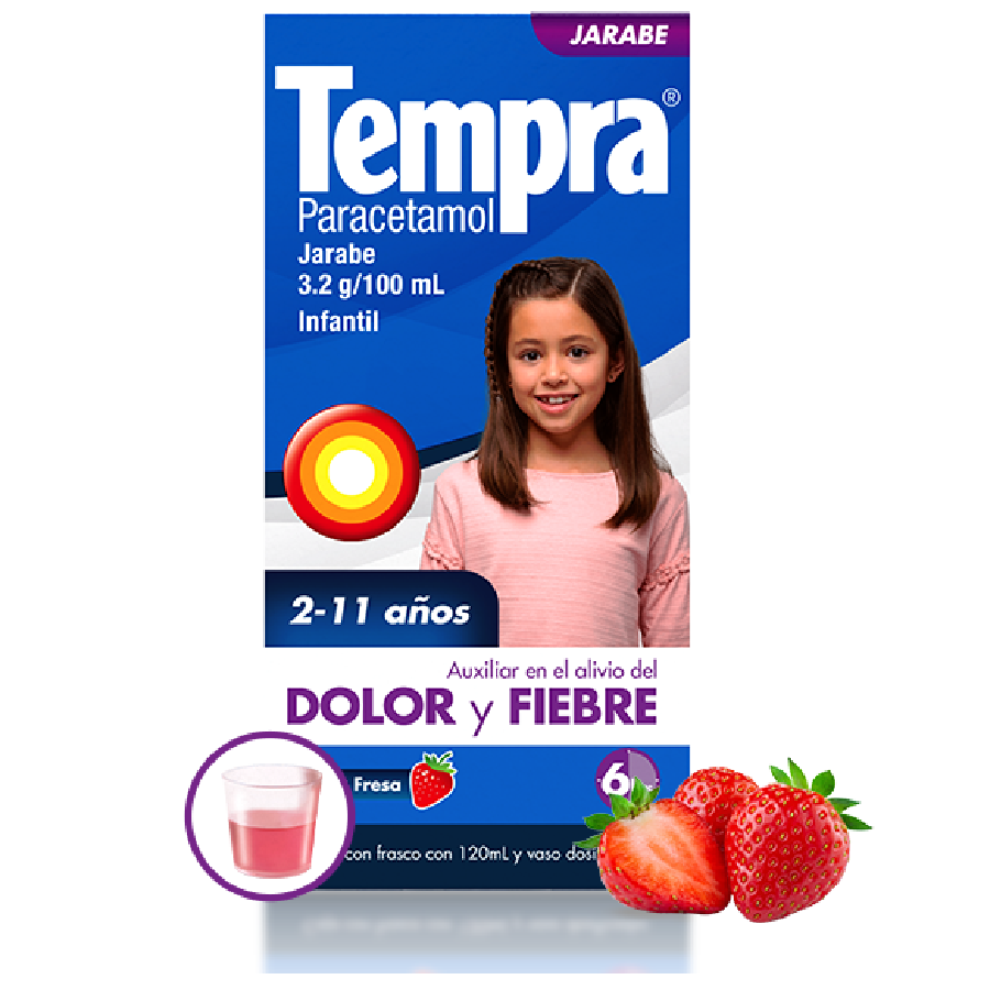 Medicamento Tempra Jarabe para niños junto a fresas frescas