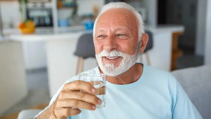 Hombre mayor tomando un vaso de agua sonriendo