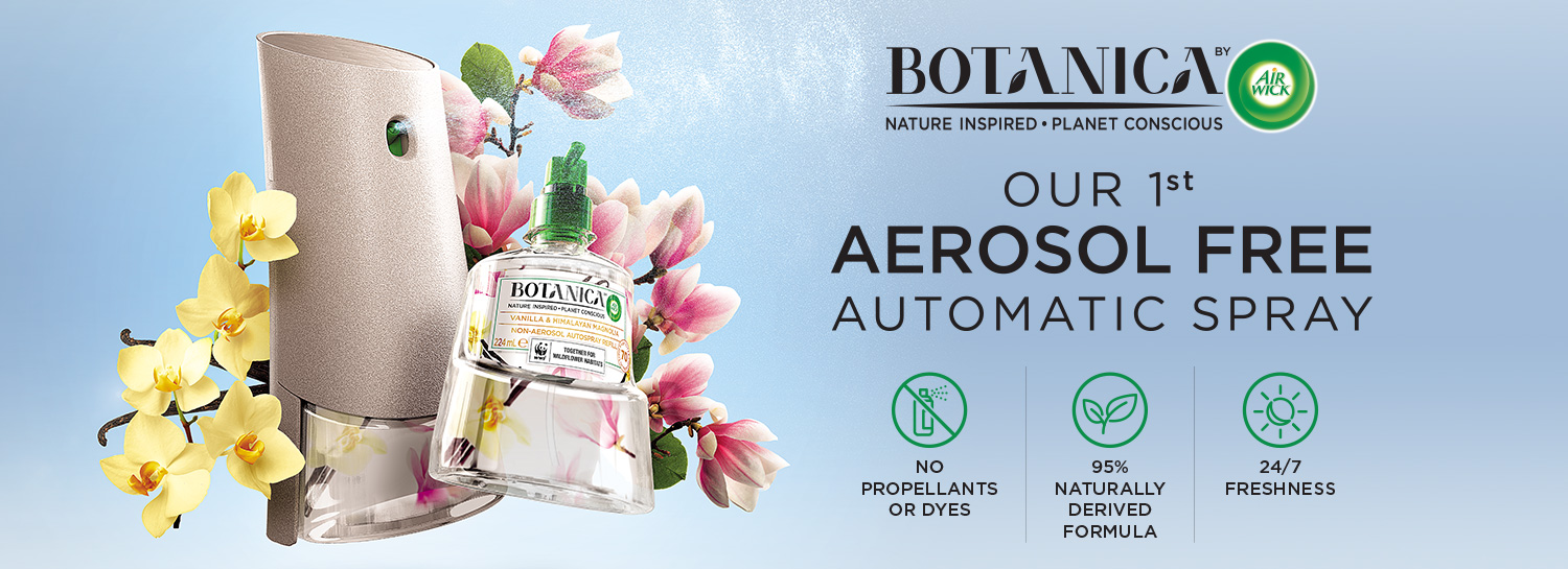 Home page banner consisting of a floral meadow backdrop, the Botanica logo and a range of Botanica products in the middle.