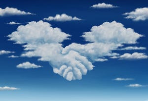 Two cloud-shaped hands shaking among other clouds in the sky.