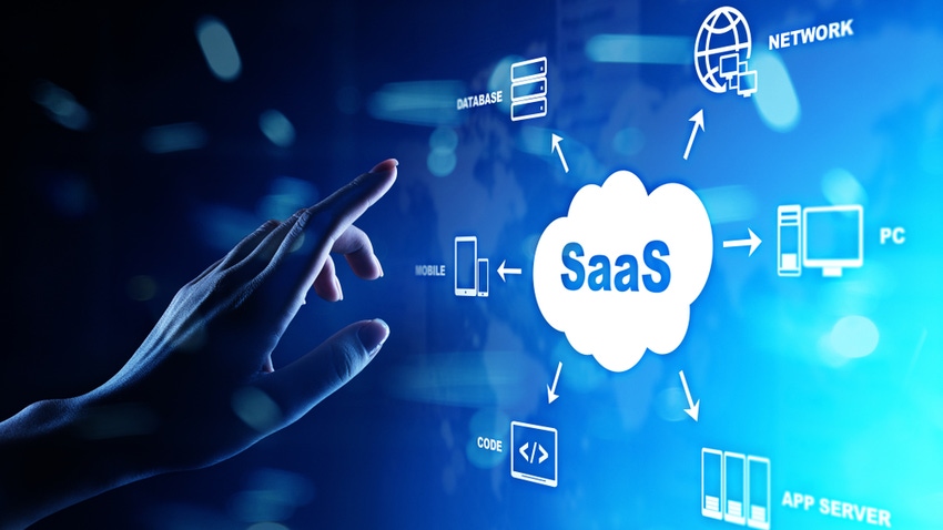 Hand pointing at digital depiction of word SaaS in a cloud