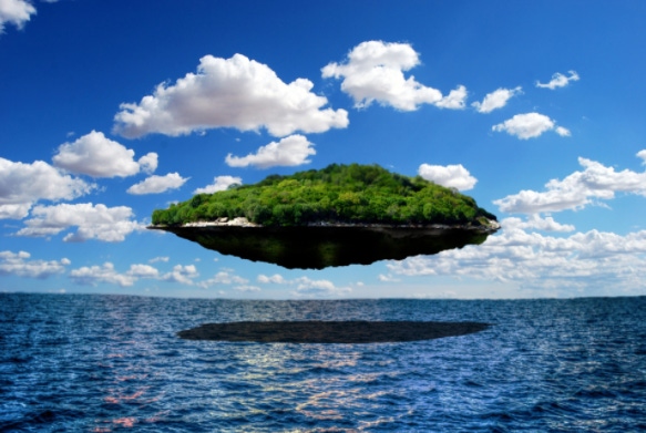 Island floating above water in clouds