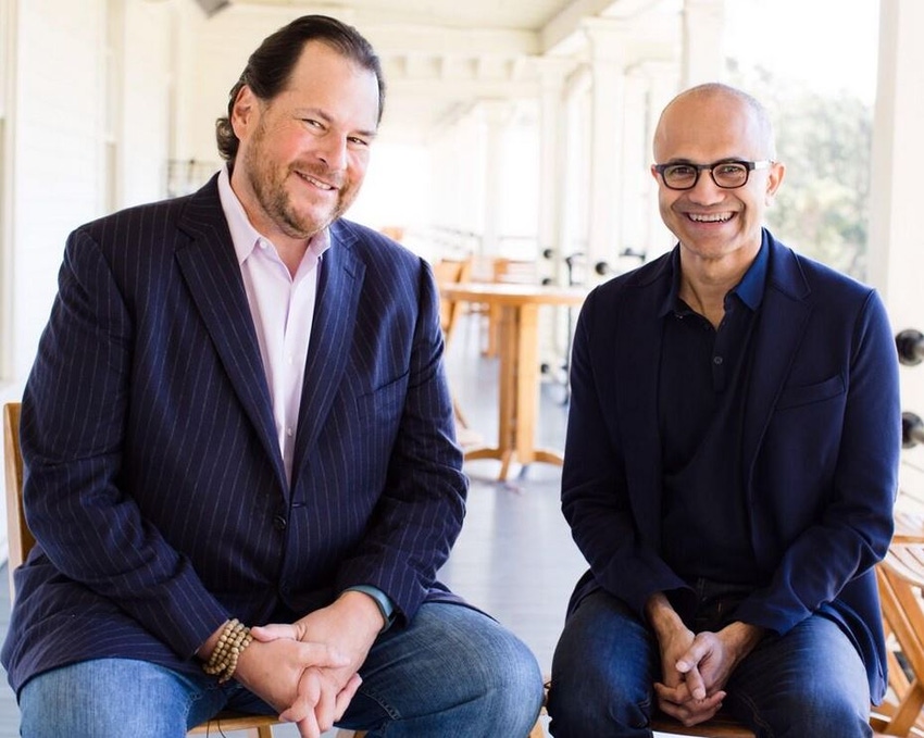 Salesforce CEO Marc Benioff left and Microsoft CEO Satya Nadella right