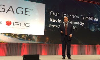 President and CEO Kevin Kennedy on stage at Avaya Engage, Feb. 13, 2017.