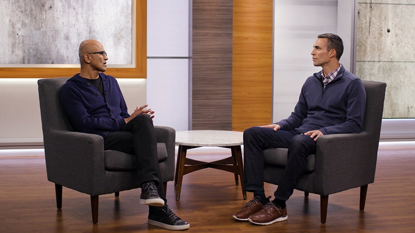 Microsoft CEO Satya Nadella (left) and corporate vice president Jared Spataro (right) hold a virtual press briefing to discuss the impact of COVID-19.