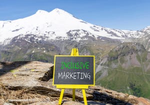Inclusive marketing symbol. Concept words Inclusive marketing on beautiful black blackboard. Beautiful mountain Elbrus sky