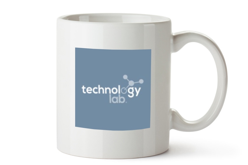 White cup with Technology Lab logo