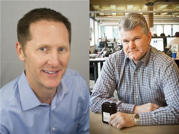 SolarWinds President and CEO left Kevin Thompson and AppNeta CEO Jim Melvin right partner