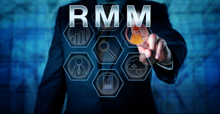 Man's silhouette behind a transparent cell graphic and the letters RMM